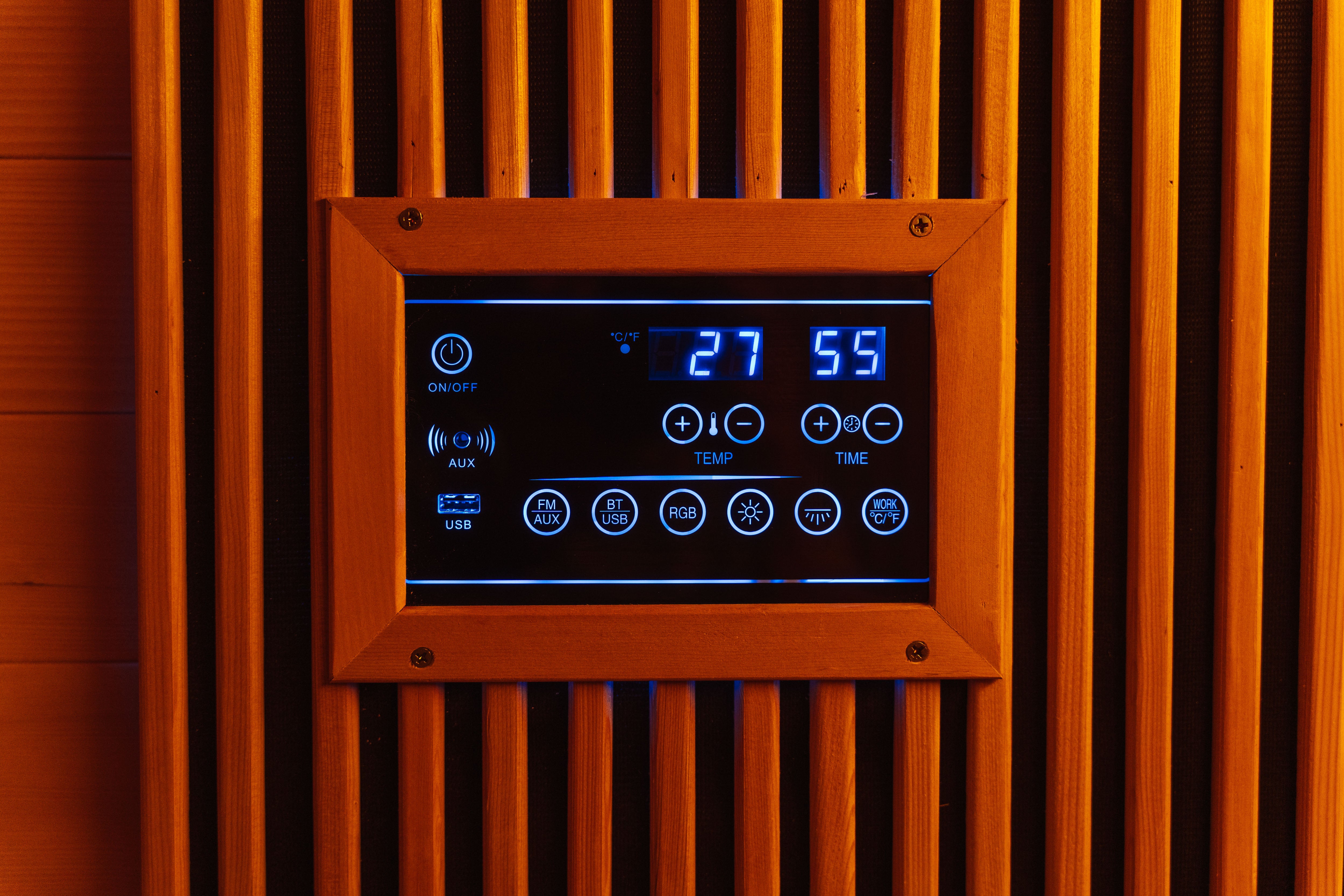 Recovery Pod digital touchpad close-up — temperature and timer controls, RGB chromotherapy, Bluetooth and USB connectivity