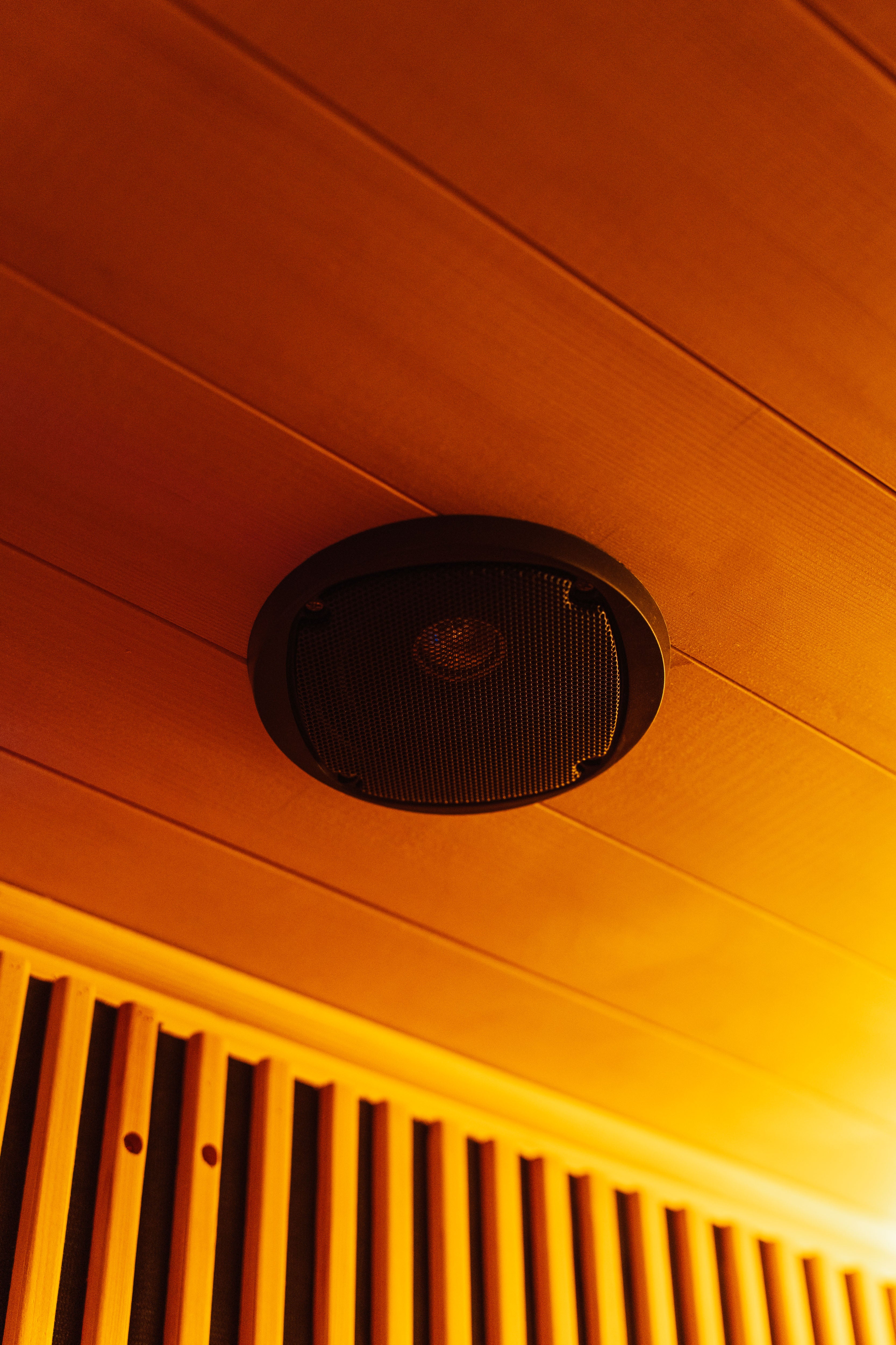 Recovery Pod built-in ceiling speaker — Bluetooth audio inside cedar infrared sauna with warm chromotherapy lighting
